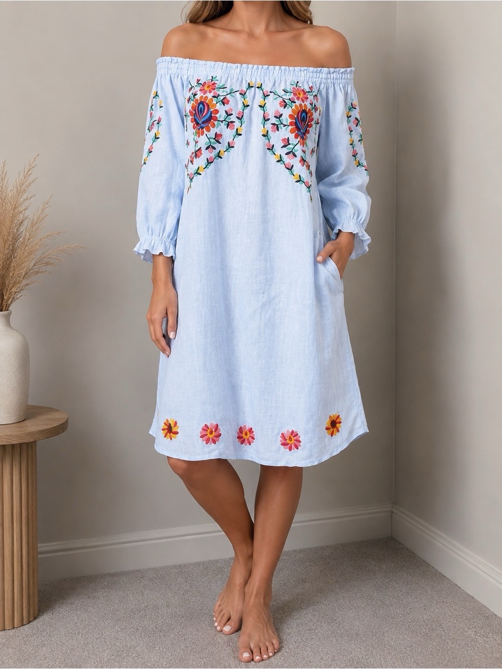 Zara Embroidered Floral Off Shoulder Sky Blue Dress, Women's XS